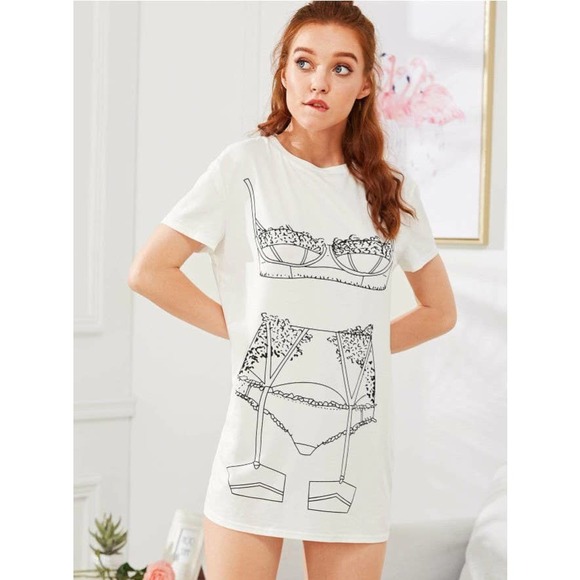 Women Nightgown with Bra Set Print, White - Picture 1 of 4